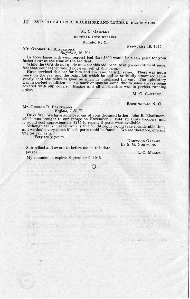 Memorandum from Frederick J. Bailey to M. C. Latta, H.R. 2300, For the Relief of the Estate of John R. Blackmore and Louise D. Blackmore, with Attachments