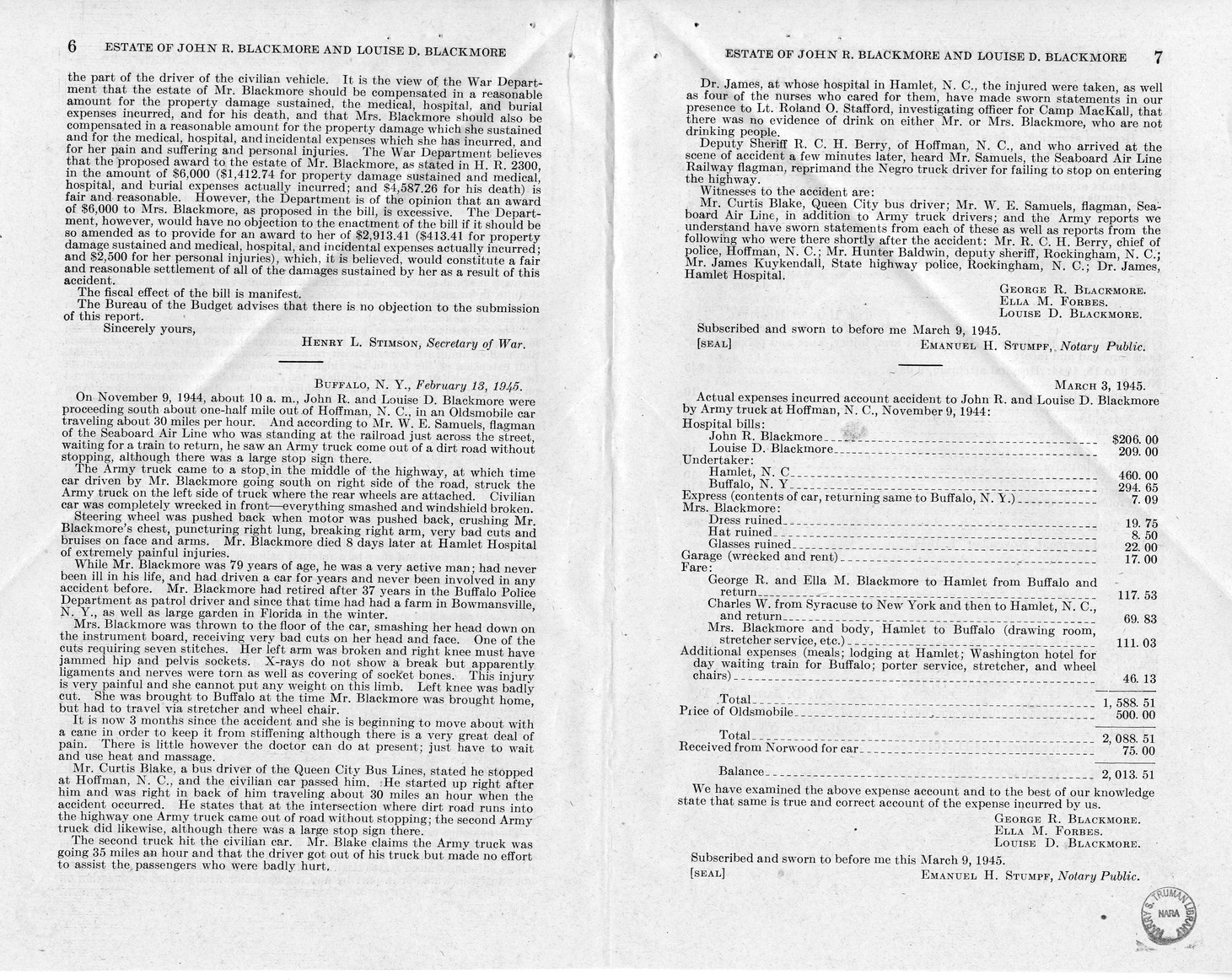 Memorandum from Frederick J. Bailey to M. C. Latta, H.R. 2300, For the Relief of the Estate of John R. Blackmore and Louise D. Blackmore, with Attachments