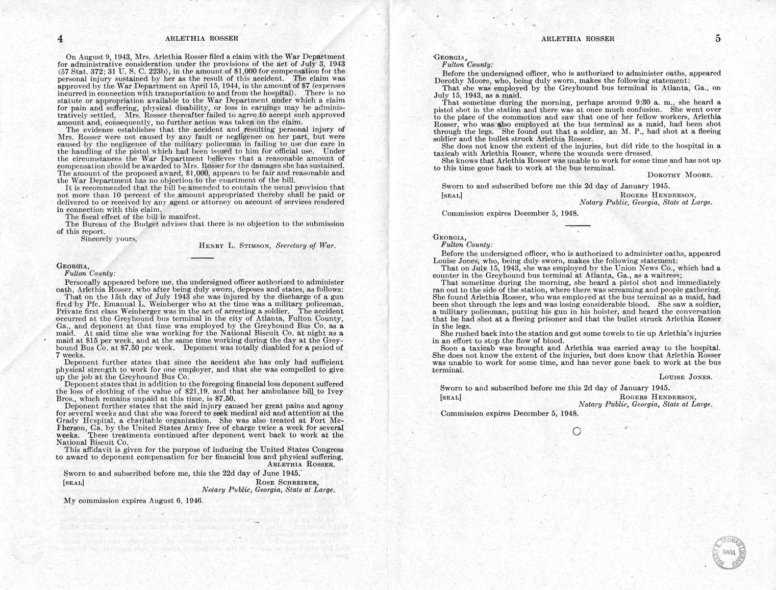 Memorandum from Frederick J. Bailey to M. C. Latta, H.R. 2399, For the Relief of Arlethia Rosser, with Attachments