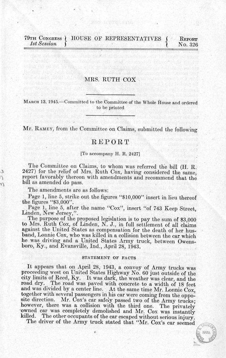 Memorandum from Frederick J. Bailey to M. C. Latta, H.R. 2427, For the Relief of Mrs. Ruth Cox, with Attachments