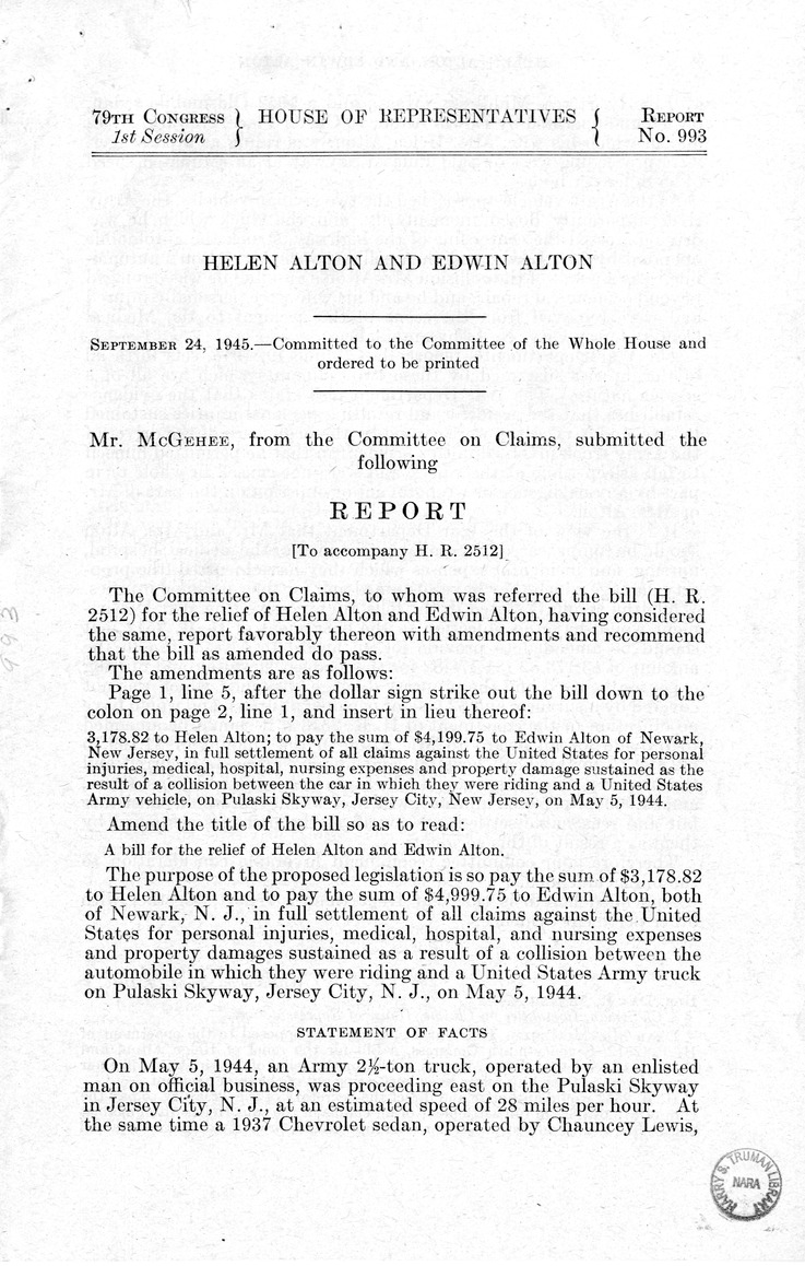 Memorandum from Frederick J. Bailey to M. C. Latta, H.R. 2512, For the Relief of Helen Alton and Edwin Alton, with Attachments