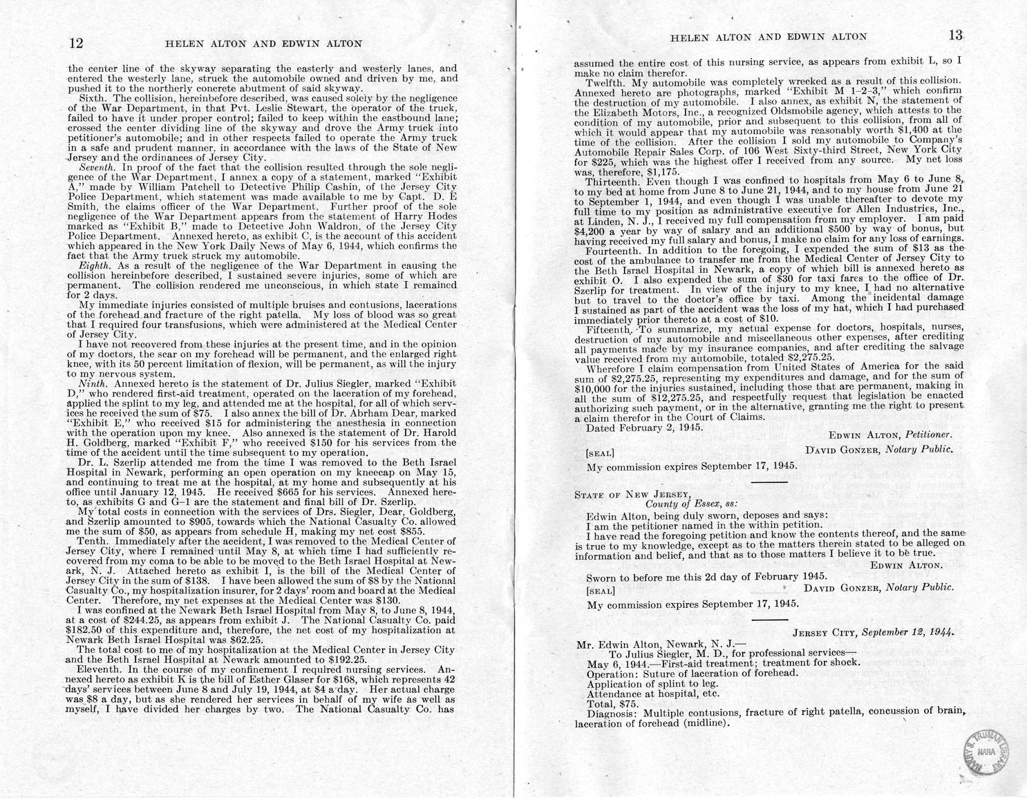 Memorandum from Frederick J. Bailey to M. C. Latta, H.R. 2512, For the Relief of Helen Alton and Edwin Alton, with Attachments