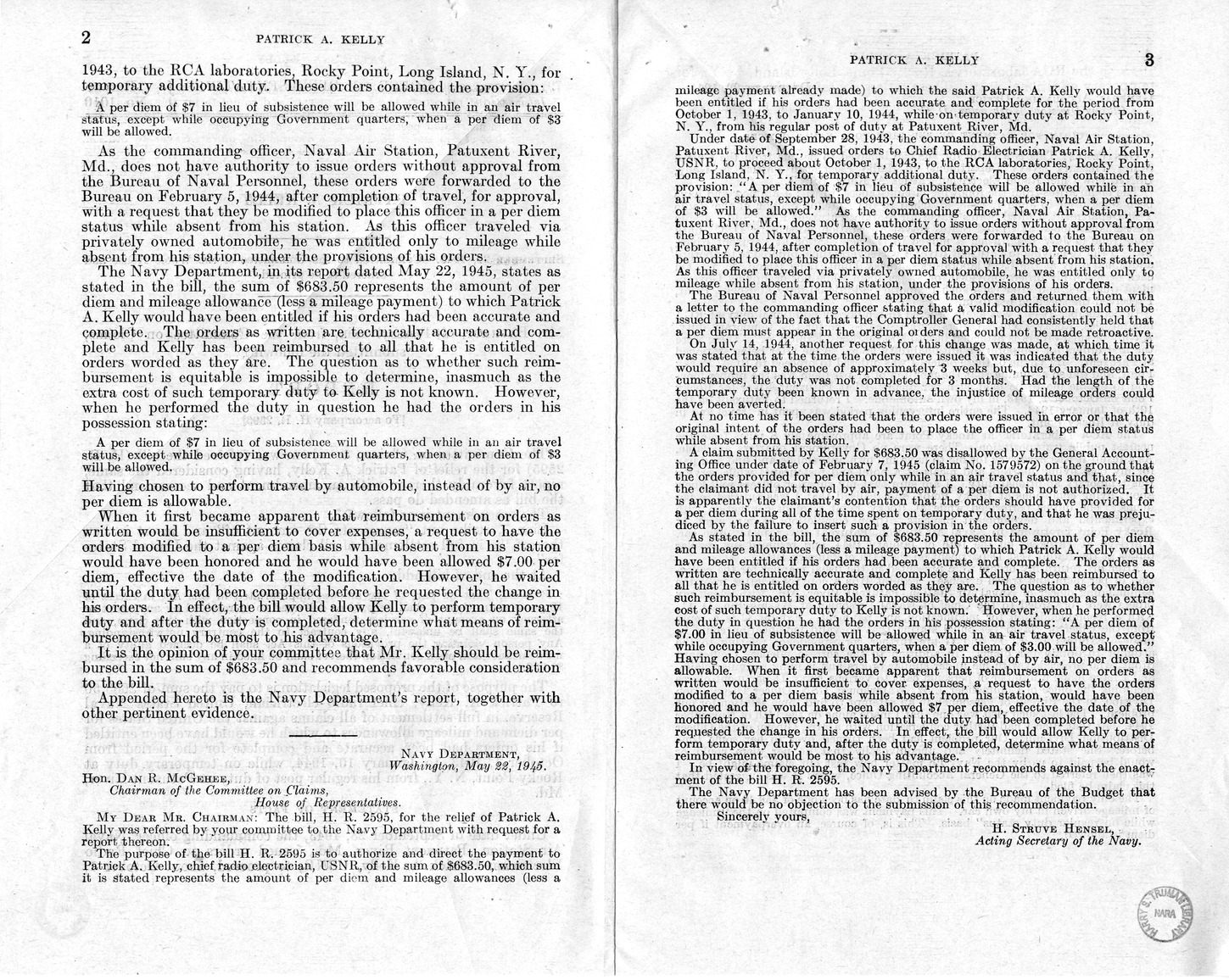Memorandum from Frederick J. Bailey to M. C. Latta, H.R. 2595, For the Relief of Patrick A. Kelly, with Attachments