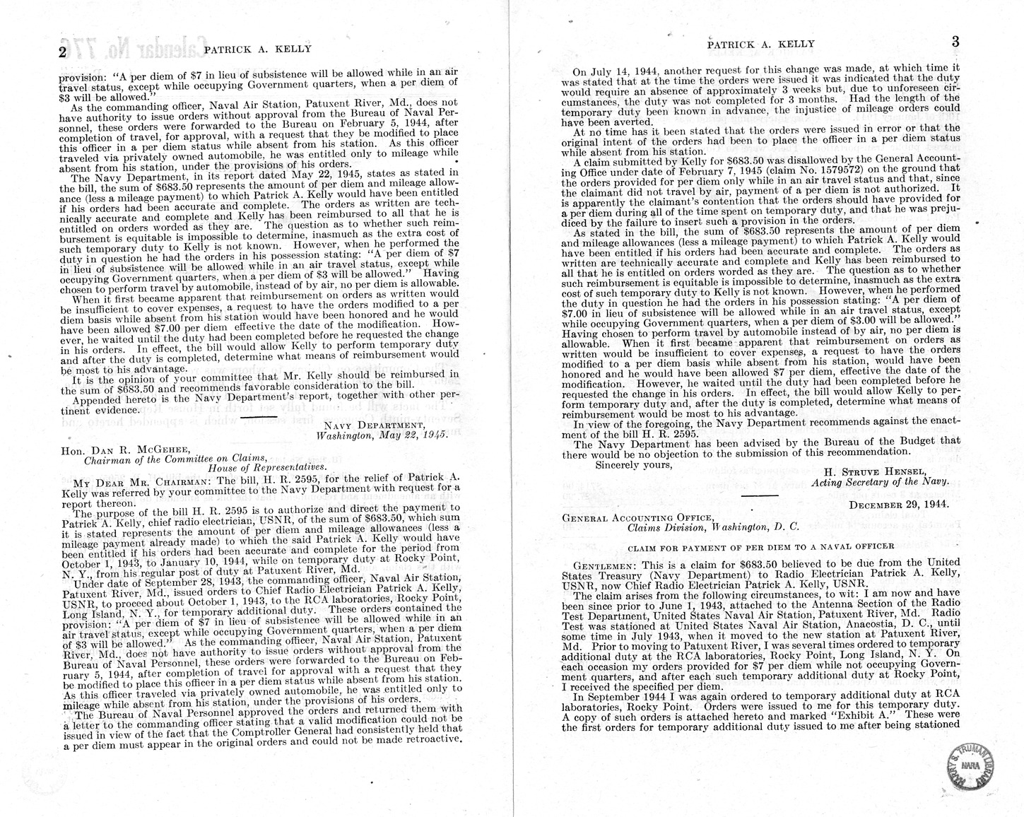 Memorandum from Frederick J. Bailey to M. C. Latta, H.R. 2595, For the Relief of Patrick A. Kelly, with Attachments