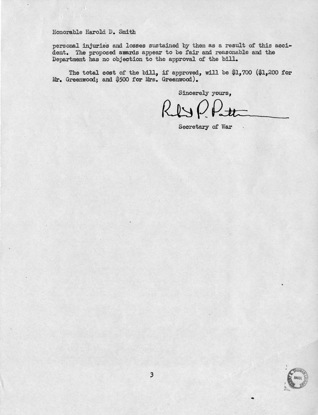 Memorandum from Frederick J. Bailey to M. C. Latta, H.R. 2686, For the Relief of Ben Greenwood and Dovie Greenwood, with Attachments