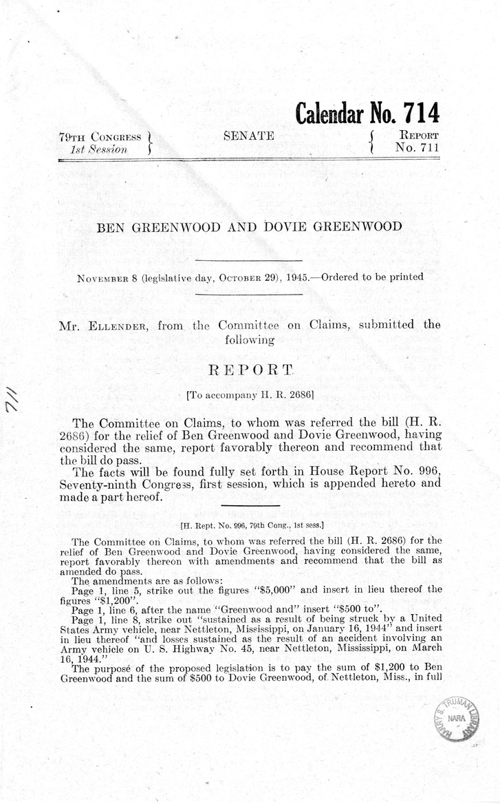 Memorandum from Frederick J. Bailey to M. C. Latta, H.R. 2686, For the Relief of Ben Greenwood and Dovie Greenwood, with Attachments