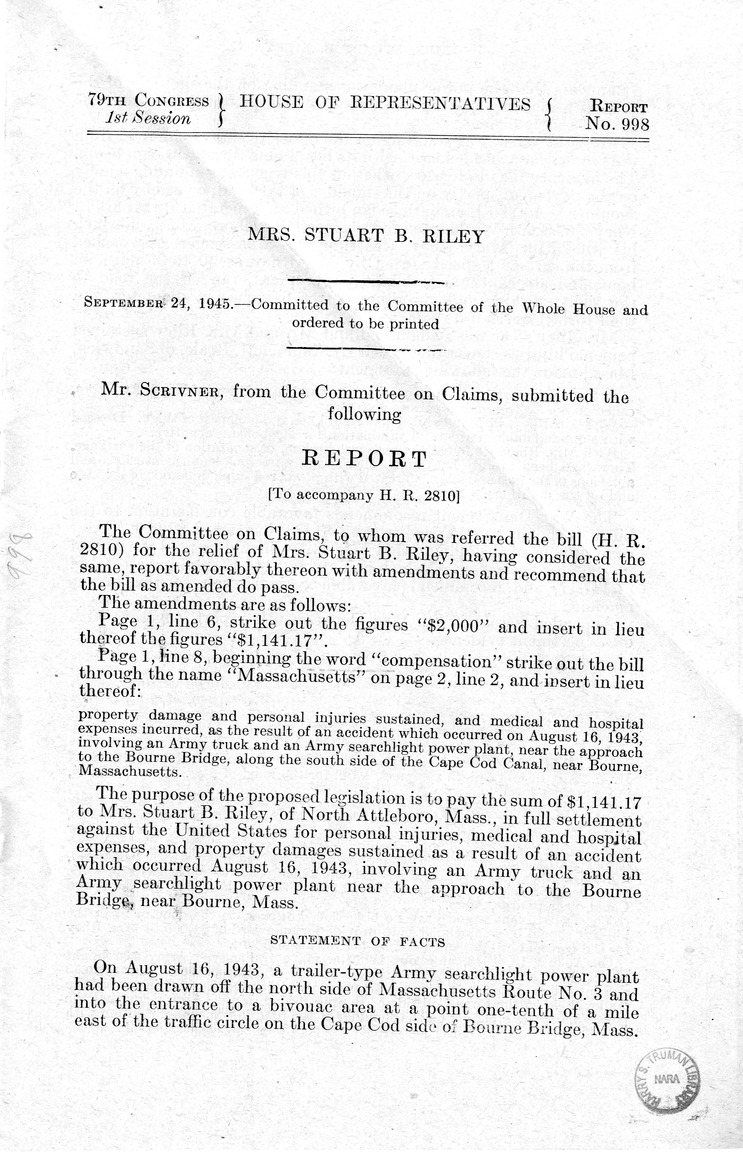 Memorandum from Frederick J. Bailey to M. C. Latta, H.R. 2810, For the Relief of Mrs. Stuart B. Riley, with Attachments