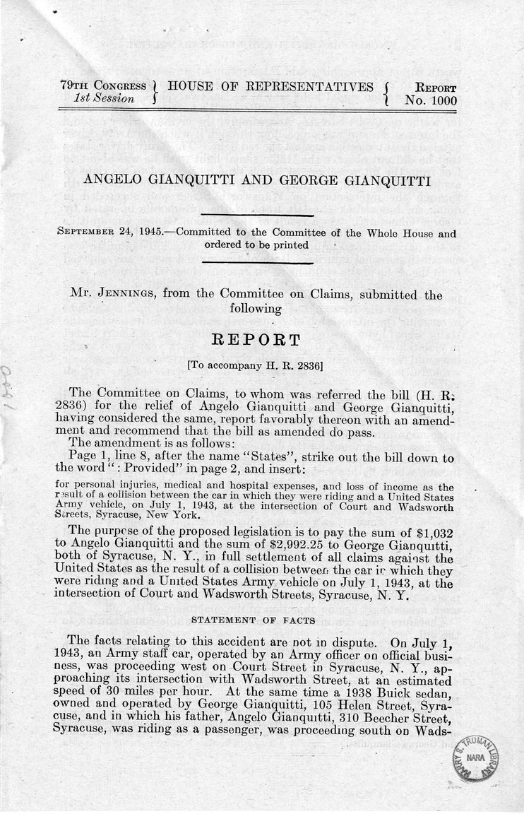 Memorandum from Frederick J. Bailey to M. C. Latta, H.R. 2836, For the Relief of Angelo Gianquitti and George Gianquitti, with Attachments