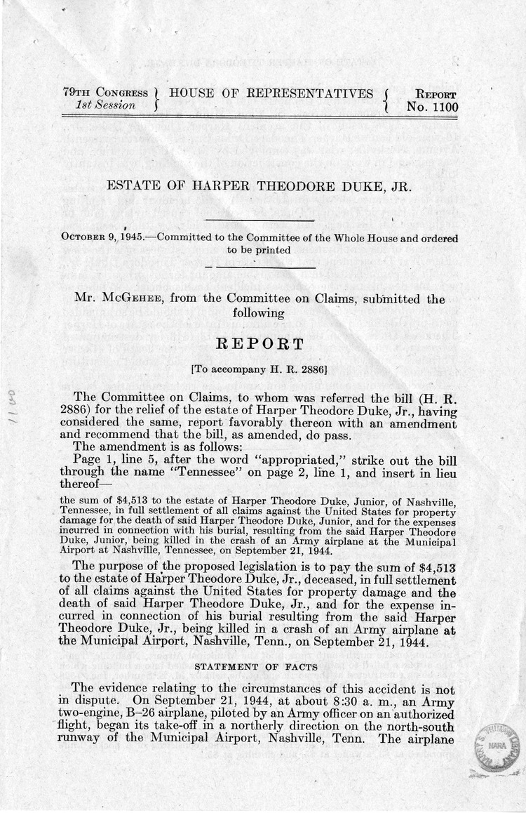 Memorandum from Frederick J. Bailey to M. C. Latta, H.R. 2886, For the Relief of the Estate of Harper Theodore Duke, Junior, with Attachments