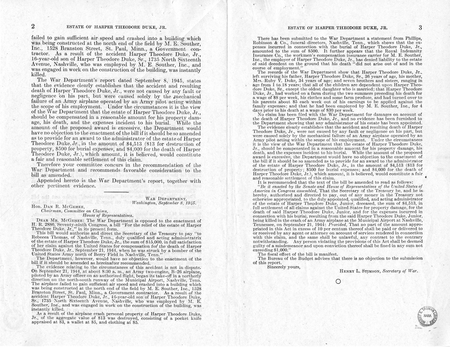 Memorandum from Frederick J. Bailey to M. C. Latta, H.R. 2886, For the Relief of the Estate of Harper Theodore Duke, Junior, with Attachments