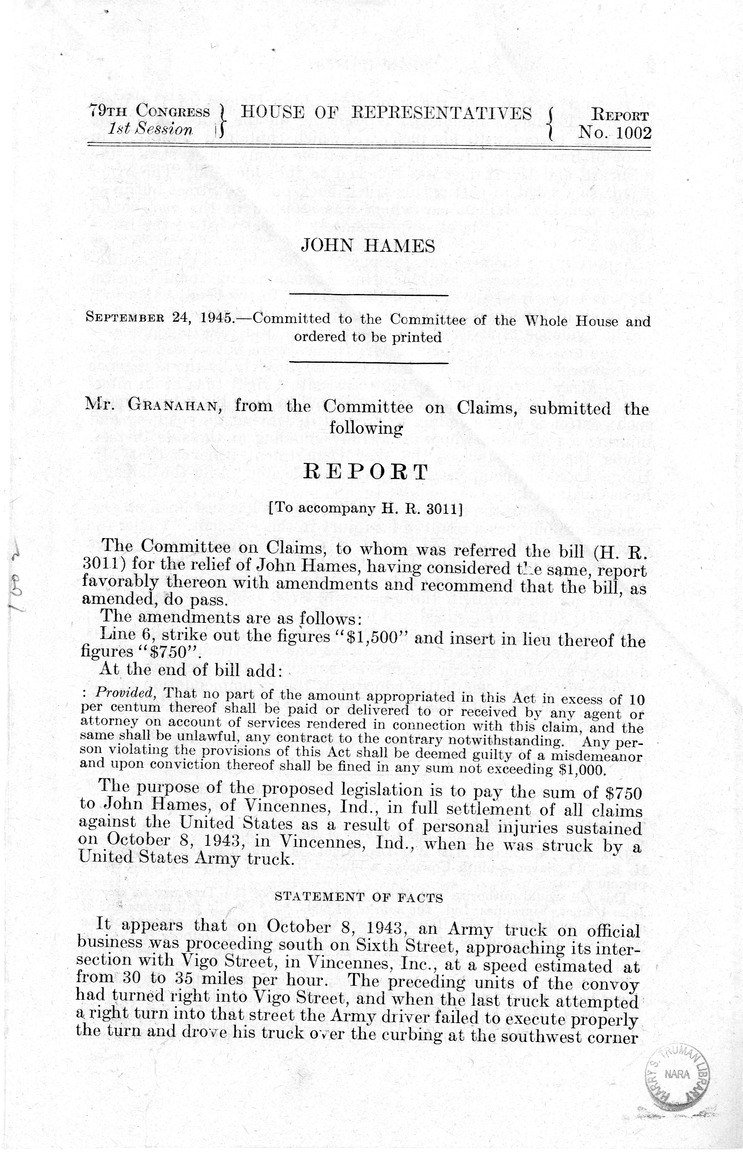 Memorandum from Frederick J. Bailey to M. C. Latta, H.R. 3011, For the Relief of John Hames, with Attachments