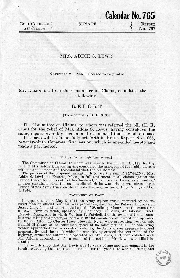 Memorandum from Frederick J. Bailey to M. C. Latta, H.R. 3135, For the Relief of Mrs. Addie S. Lewis, with Attachments