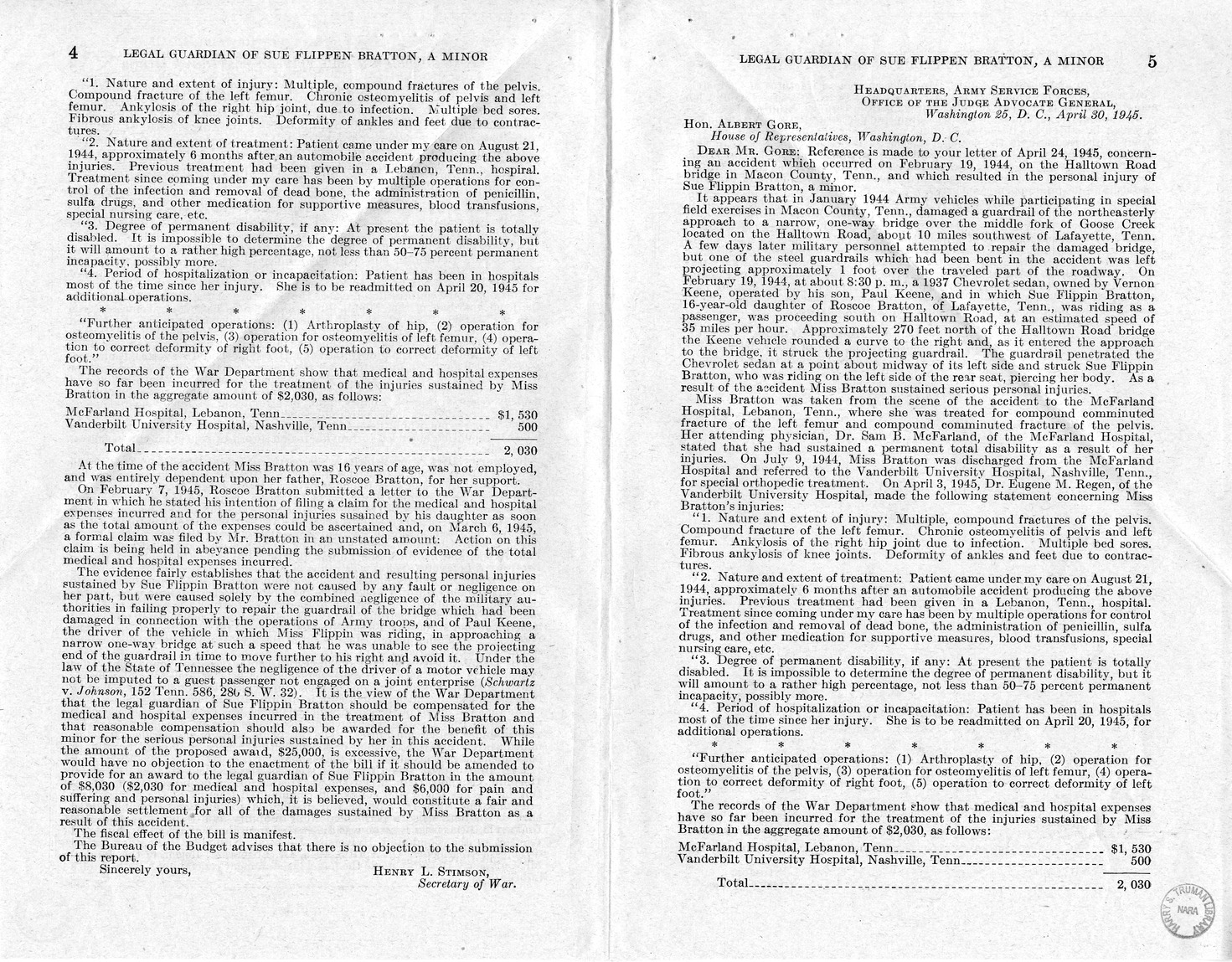 Memorandum from Frederick J. Bailey to M. C. Latta, H.R. 3198, For the Relief of the Legal Guardian of Sue Flippin Bratton, a Minor, with Attachments