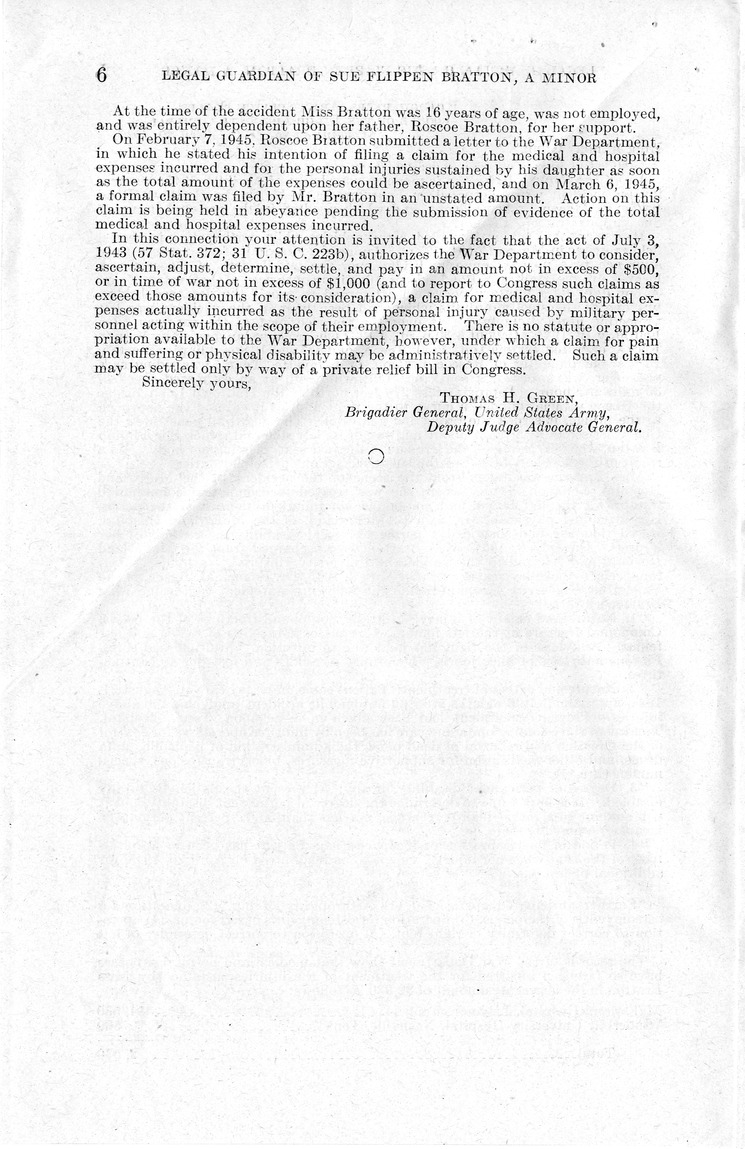 Memorandum from Frederick J. Bailey to M. C. Latta, H.R. 3198, For the Relief of the Legal Guardian of Sue Flippin Bratton, a Minor, with Attachments