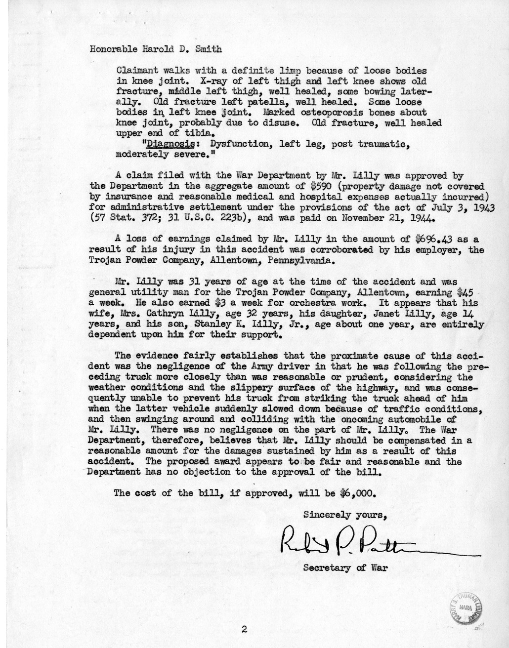 Memorandum from Frederick J. Bailey to M. C. Latta, H.R. 3249, For the Relief of Stanley J. Lilly, with Attachments