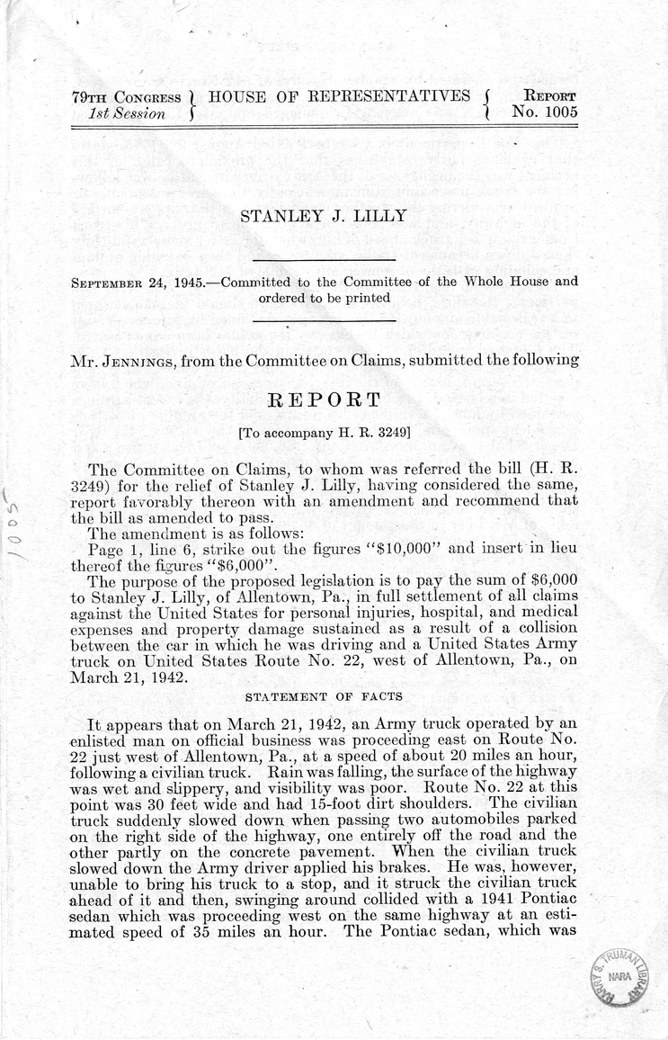 Memorandum from Frederick J. Bailey to M. C. Latta, H.R. 3249, For the Relief of Stanley J. Lilly, with Attachments