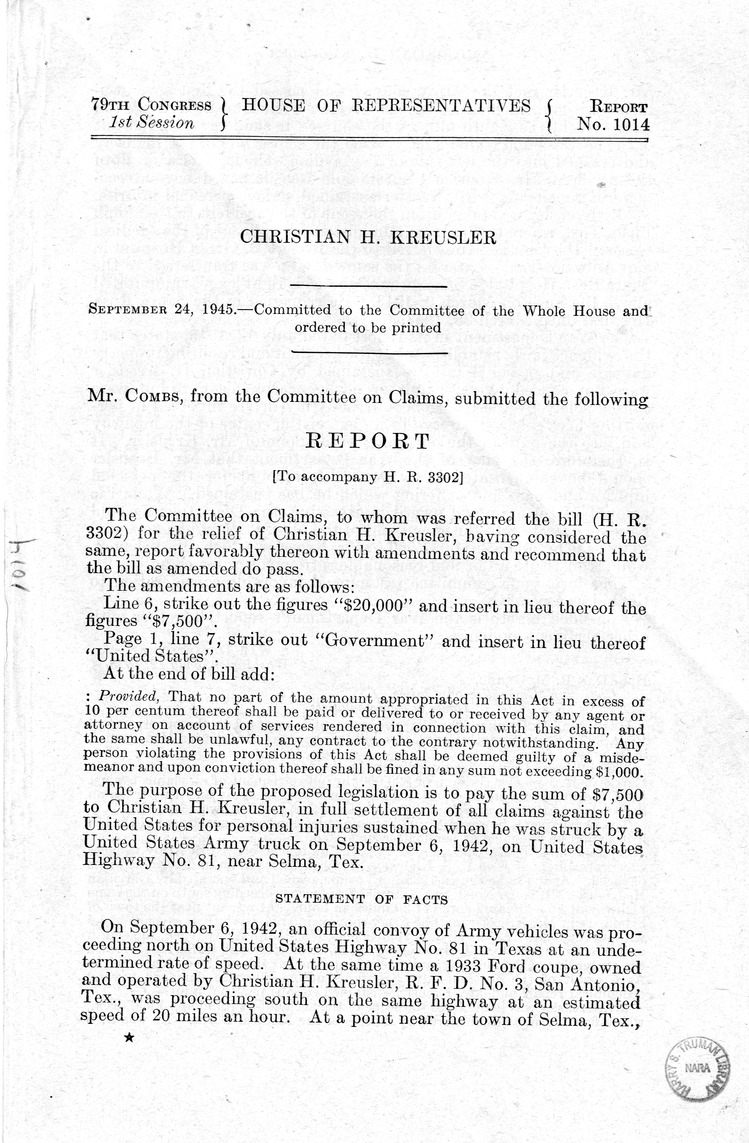Memorandum from Frederick J. Bailey to M. C. Latta, H.R. 3302, For the Relief of Christian H. Kreusler, with Attachments