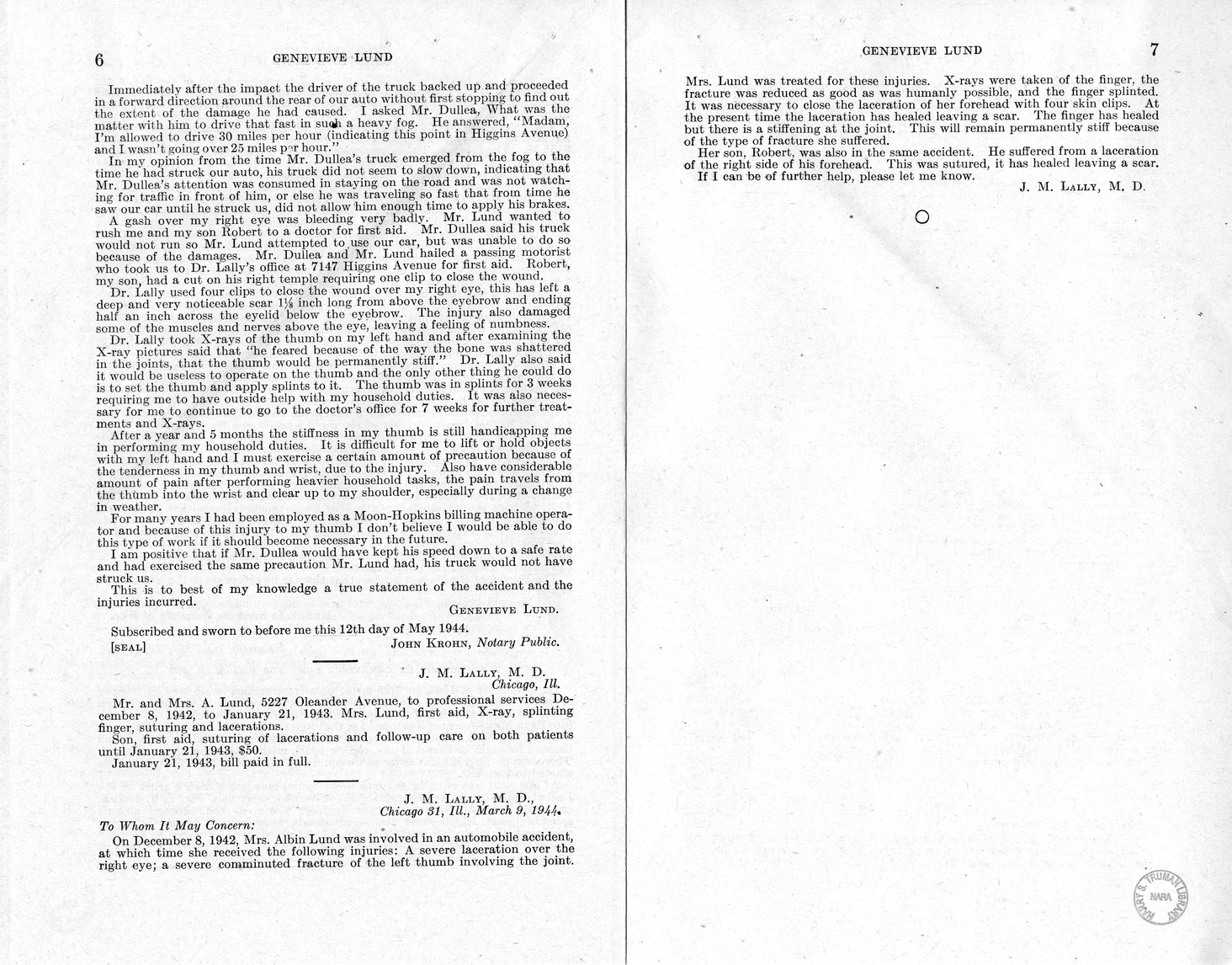 Memorandum from Frederick J. Bailey to M. C. Latta, H.R. 3790, For the Relief of Genevieve Lund, with Attachments