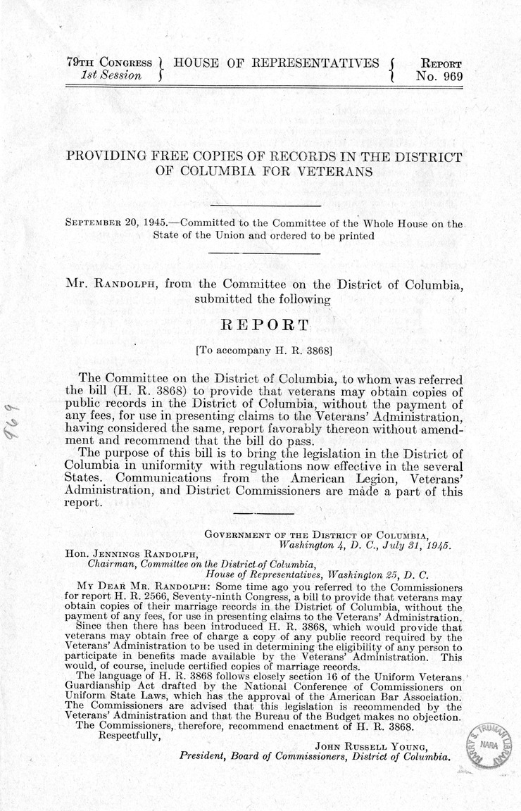 Memorandum from Frederick J. Bailey to M. C. Latta, H.R. 3868, To Provide That Veterans May Obtain Copies of Public Records in the District of Columbia, Without the Payment of Any Fees, for Use in Presenting Claims to the Veteran's Administration, with Attachments