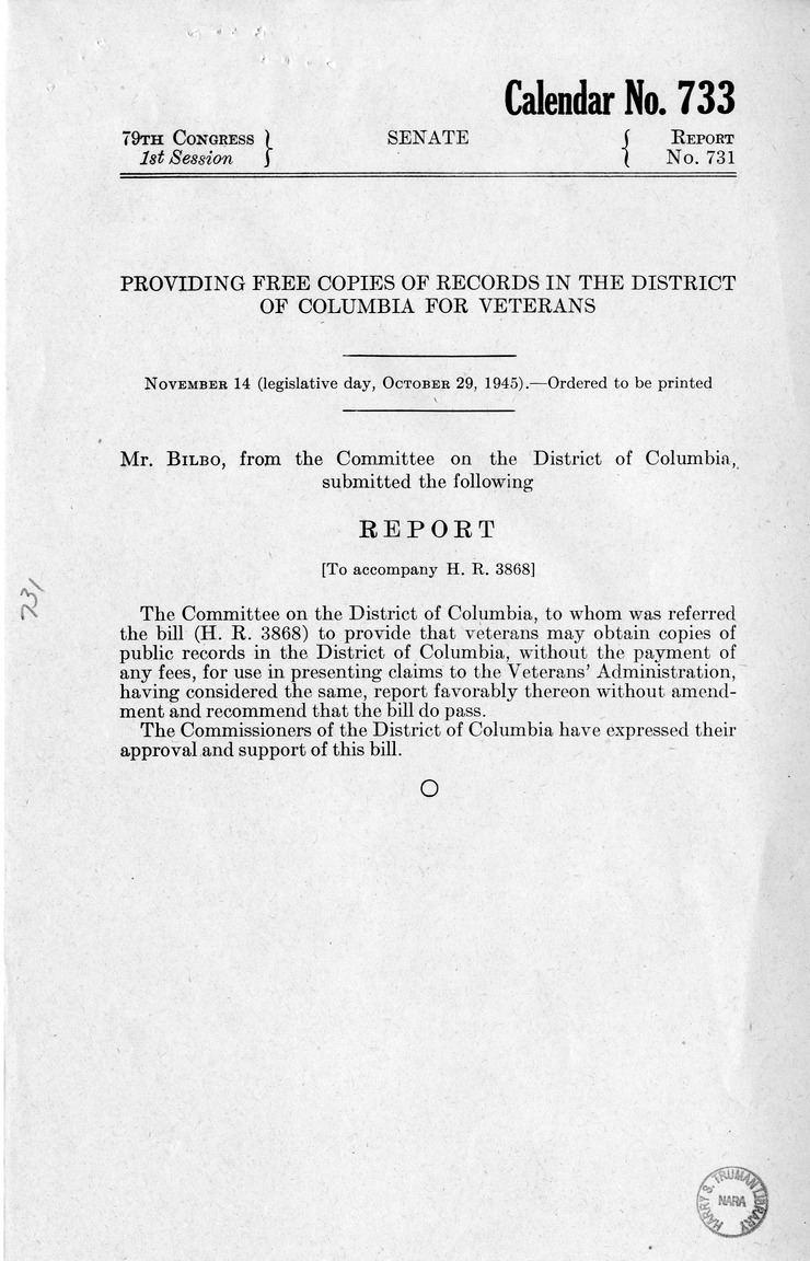 Memorandum from Frederick J. Bailey to M. C. Latta, H.R. 3868, To Provide That Veterans May Obtain Copies of Public Records in the District of Columbia, Without the Payment of Any Fees, for Use in Presenting Claims to the Veteran's Administration, with Attachments
