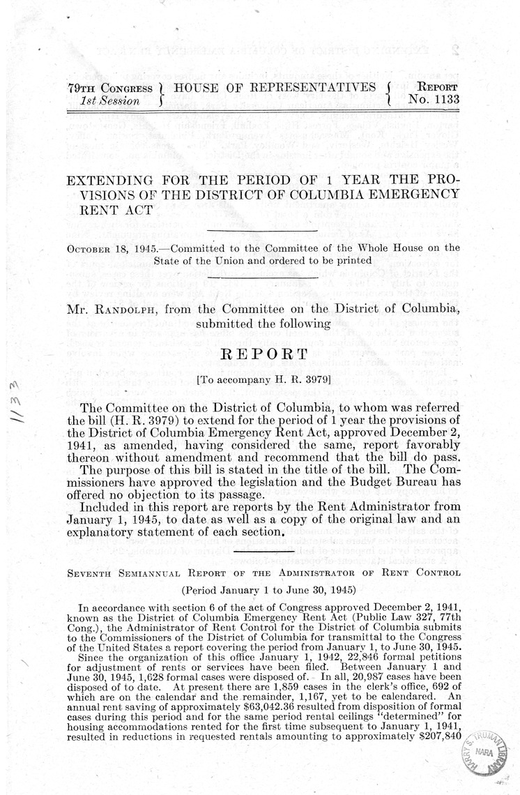 Memorandum from Harold D. Smith to M. C. Latta, H.R. 3979, To Extend for the Period of One Year the Provisions of the District of Columbia Rent Act, Approved December 2, 1941, as Amended, with Attachments