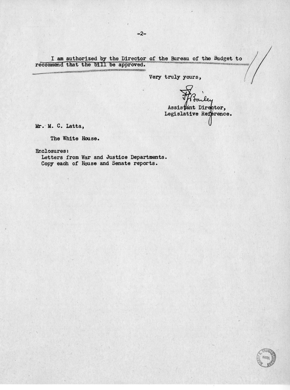 Memorandum from Frederick J. Bailey to M. C. Latta, H.R. 4018, For the Relief of Robert A. Hudson, with Attachments