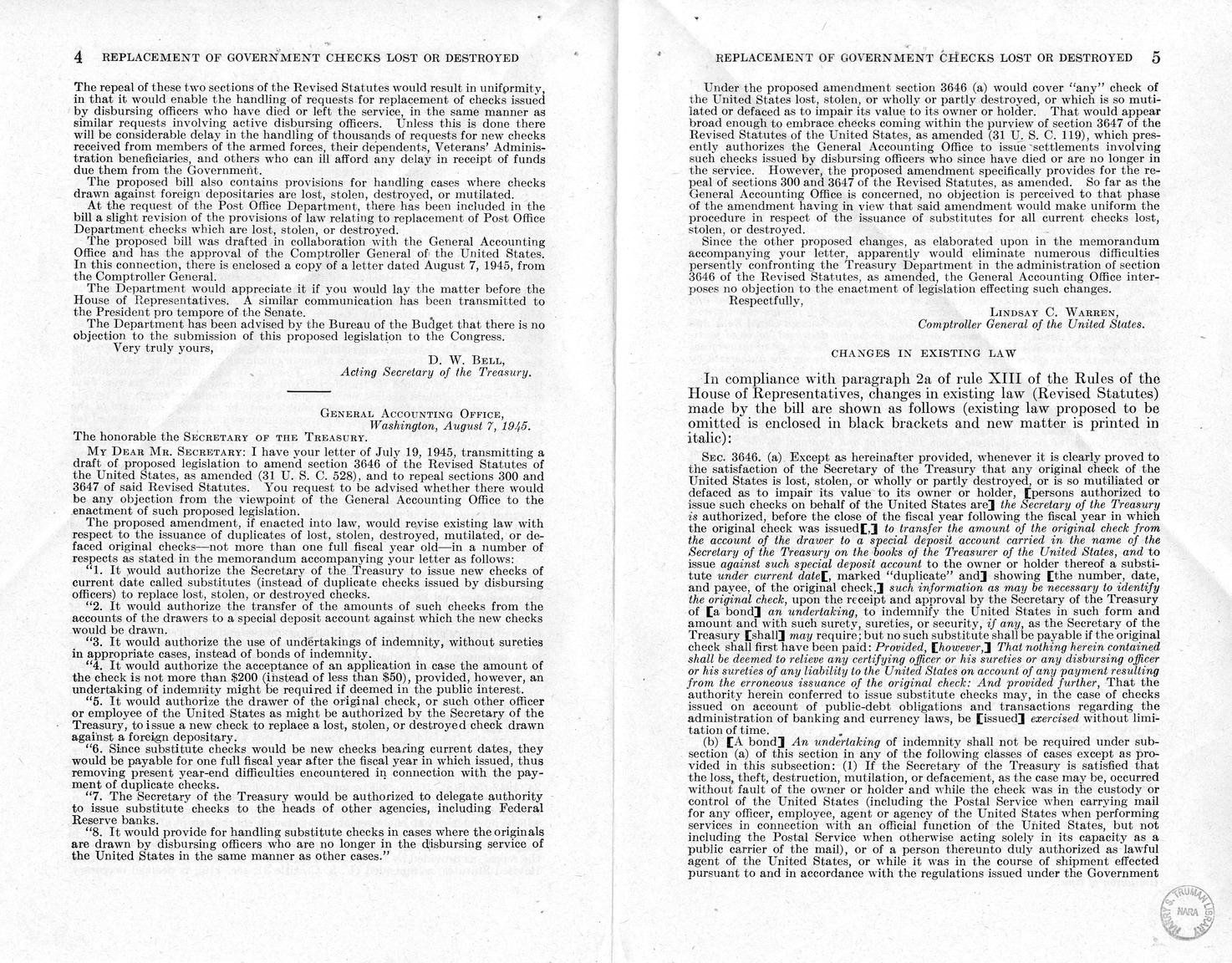 Memorandum from Harold D. Smith to M. C. Latta, H.R. 4350, To Amend Section 3646 of the Revised Statutes, Relating to the Issuance of Checks in Replacement of Lost, Stolen, Destroyed, Mutilated, or Defaced Checks of the United States, with Attachments