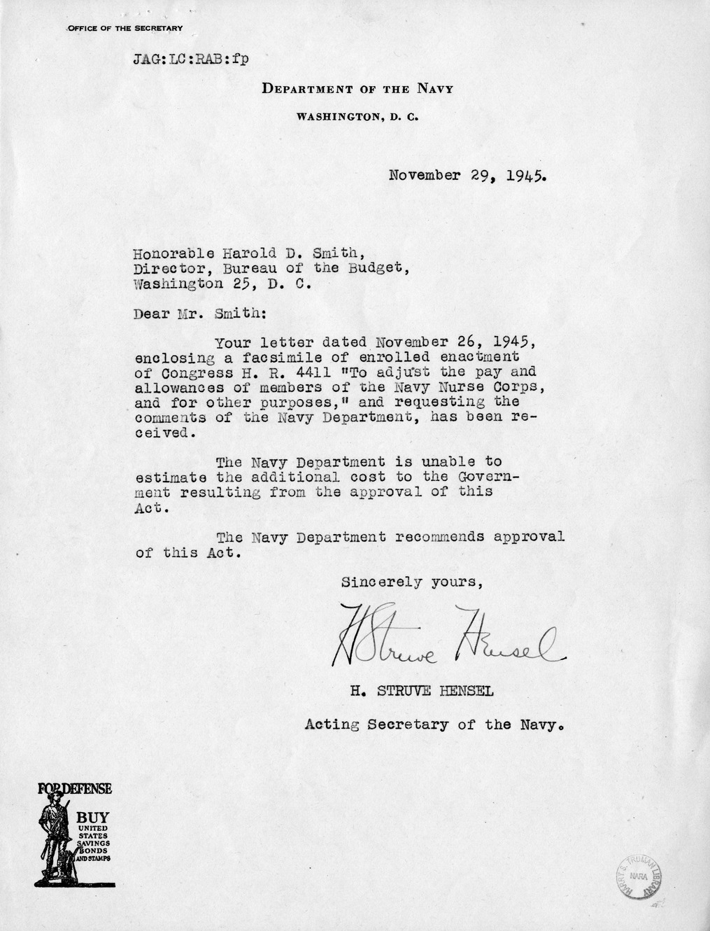 Memorandum from Harold D. Smith to M. C. Latta, H.R. 4411, To Adjust the Pay and Allowances of Members of the Navy Nurse Corps, and for Other Purposes, with Attachments