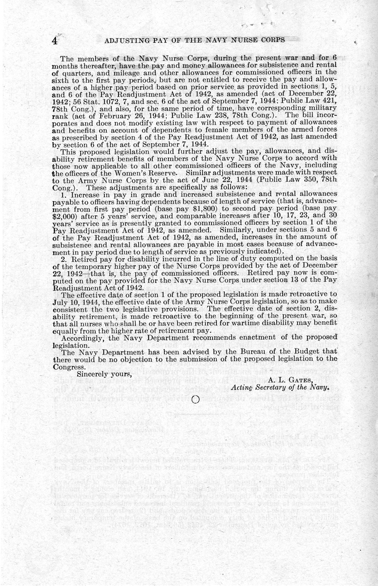 Memorandum from Harold D. Smith to M. C. Latta, H.R. 4411, To Adjust the Pay and Allowances of Members of the Navy Nurse Corps, and for Other Purposes, with Attachments