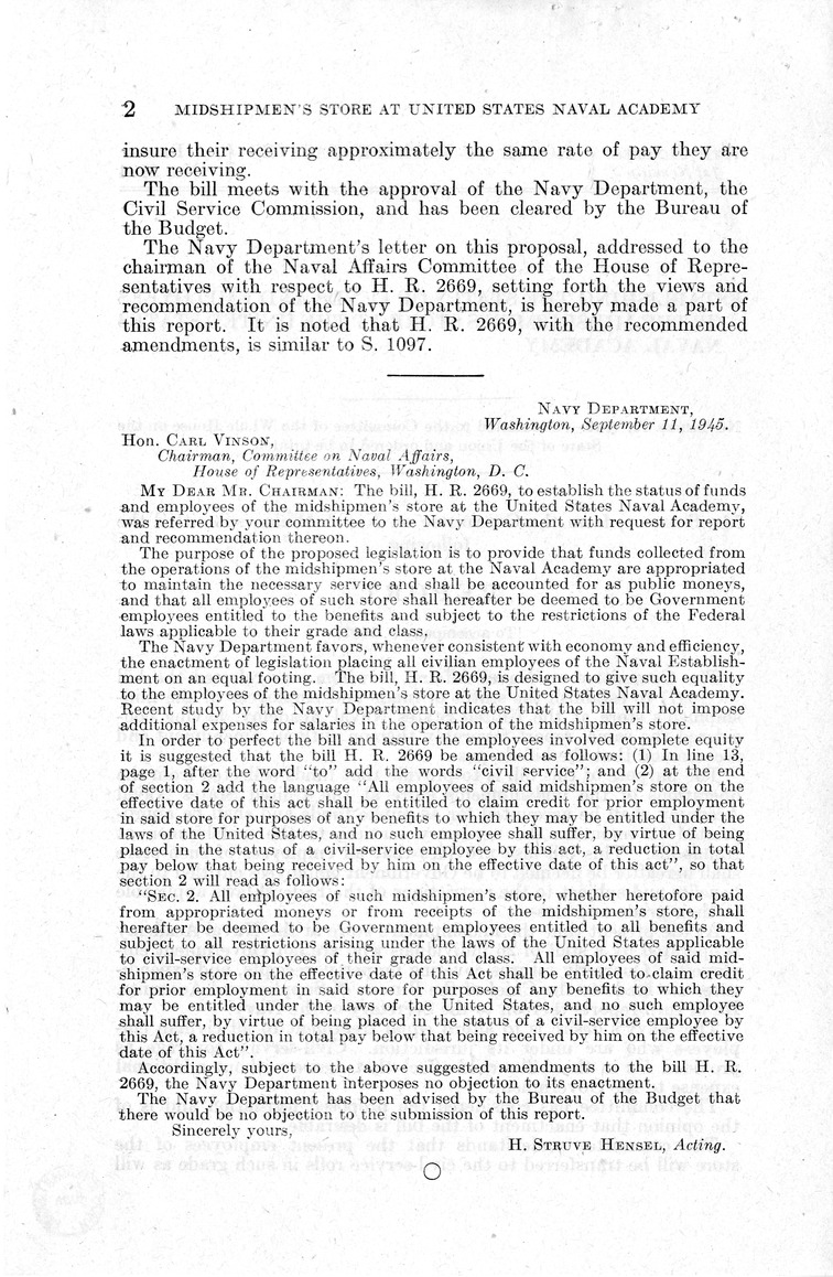 Memorandum from Frederick J. Bailey to M. C. Latta, S. 1097, To Establish the Status of Funds and Employee's of the Midshipmen's Store at the United States Naval Academy, with Attachments