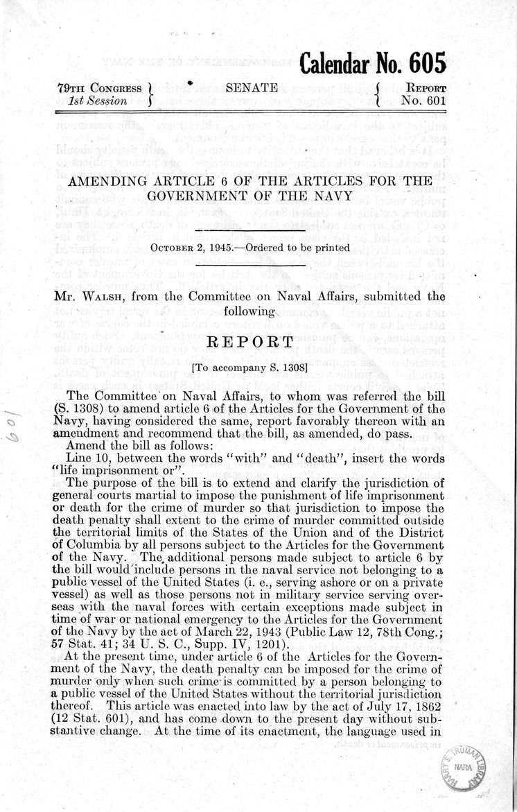 Memorandum from Frederick J. Bailey to M. C. Latta, S. 1308, To Amend Article 6 of the Articles for the Government of the Navy, with Attachments