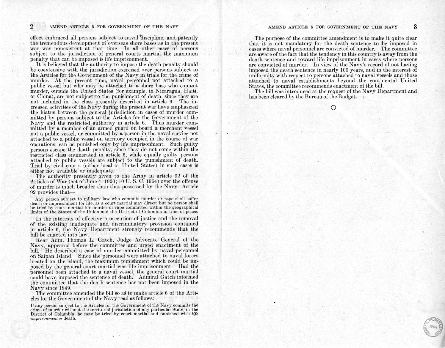 Memorandum from Frederick J. Bailey to M. C. Latta, S. 1308, To Amend Article 6 of the Articles for the Government of the Navy, with Attachments