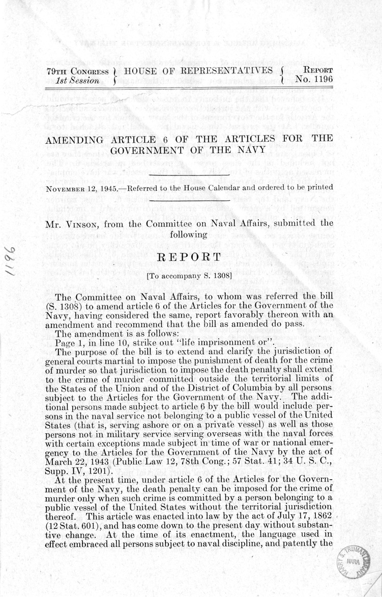 Memorandum from Frederick J. Bailey to M. C. Latta, S. 1308, To Amend Article 6 of the Articles for the Government of the Navy, with Attachments