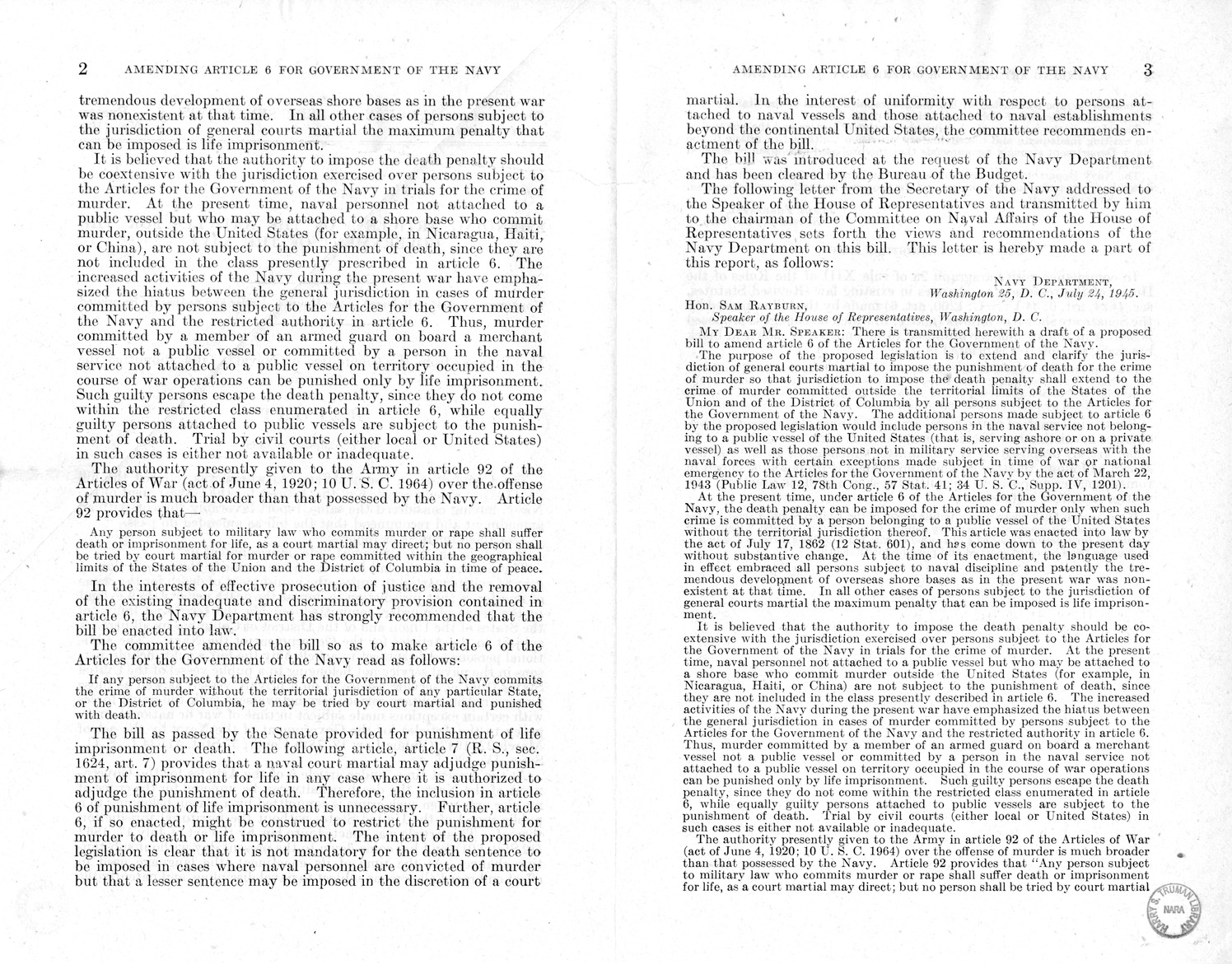 Memorandum from Frederick J. Bailey to M. C. Latta, S. 1308, To Amend Article 6 of the Articles for the Government of the Navy, with Attachments