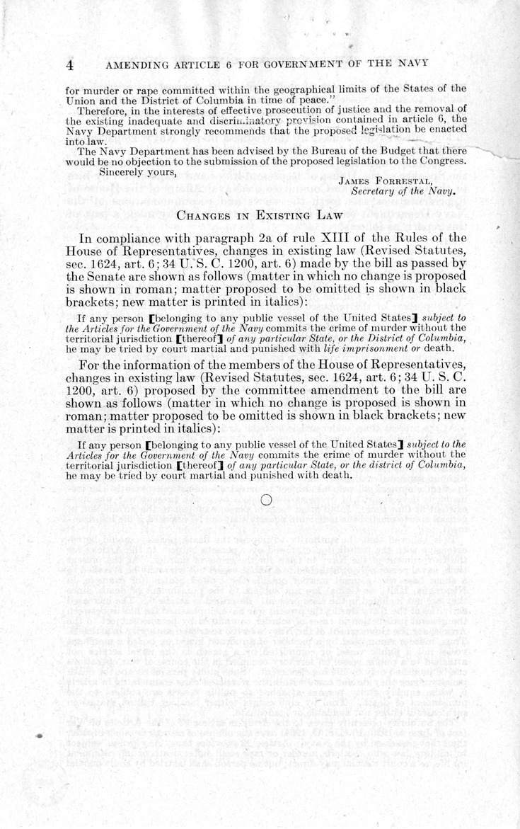 Memorandum from Frederick J. Bailey to M. C. Latta, S. 1308, To Amend Article 6 of the Articles for the Government of the Navy, with Attachments