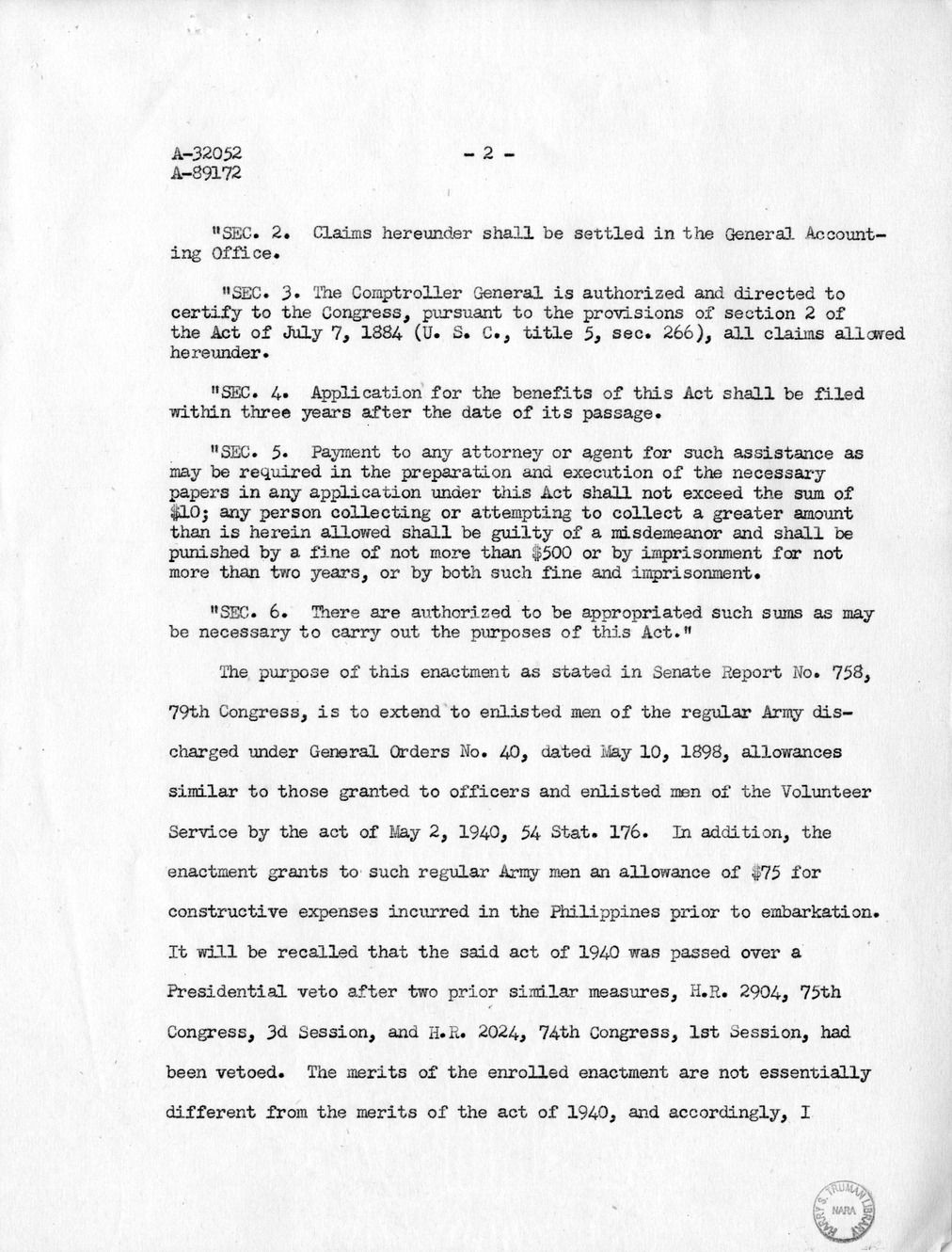 Memorandum from Harold D. Smith to M. C. Latta, H.R. 1192, Granting Travel Pay and Other Allowances to Certain Soldiers of the War with Spain and the Philippine Insurrection Who Were Discharged in the Philippine Islands, with Attachments