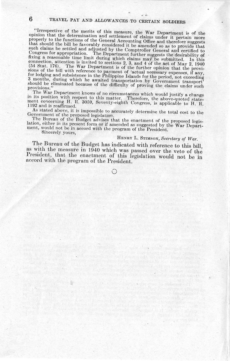 Memorandum from Harold D. Smith to M. C. Latta, H.R. 1192, Granting Travel Pay and Other Allowances to Certain Soldiers of the War with Spain and the Philippine Insurrection Who Were Discharged in the Philippine Islands, with Attachments