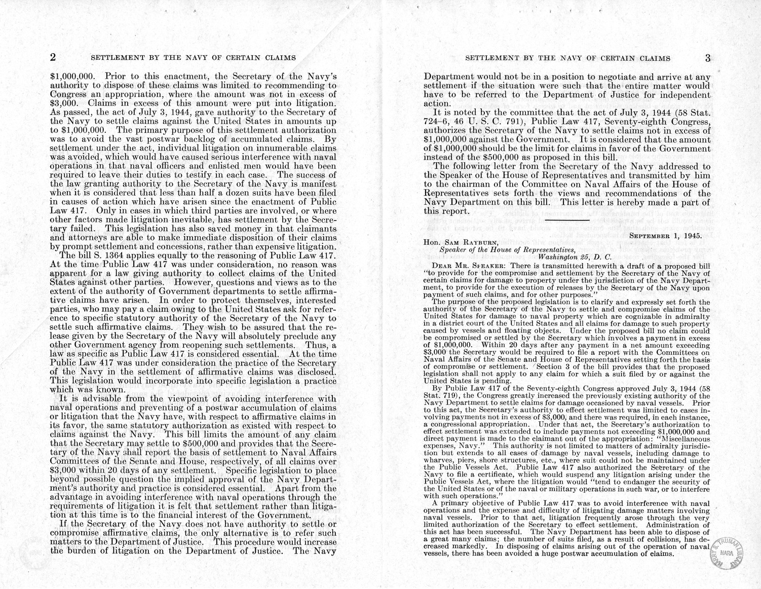 Memorandum from Harold D. Smith to M. C. Latta, S. 1364, To Provide for the Compromise and Settlement by the Secretary of the Navy of Certain Claims for Damage to Property Under the Jurisdiction of the Navy Department, to Provide for the Execution of Releases by the Secretary of the Navy Upon Payment of Such Claims, with Attachments