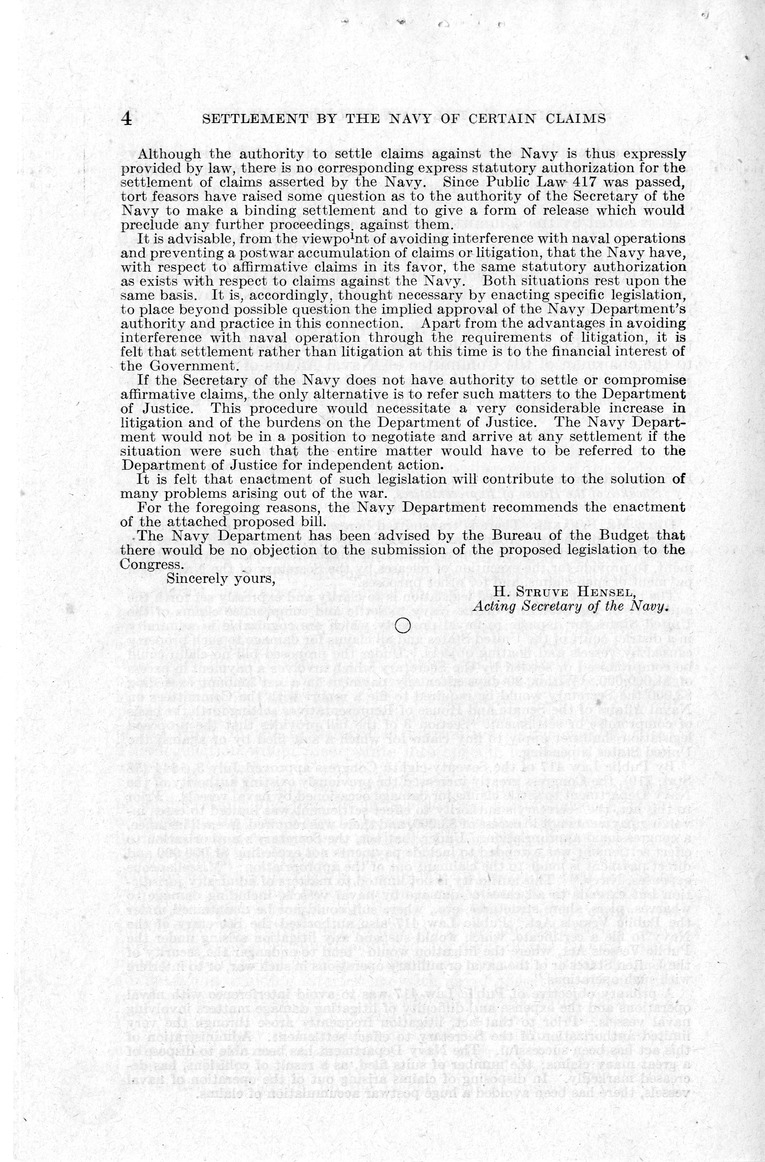 Memorandum from Harold D. Smith to M. C. Latta, S. 1364, To Provide for the Compromise and Settlement by the Secretary of the Navy of Certain Claims for Damage to Property Under the Jurisdiction of the Navy Department, to Provide for the Execution of Releases by the Secretary of the Navy Upon Payment of Such Claims, with Attachments