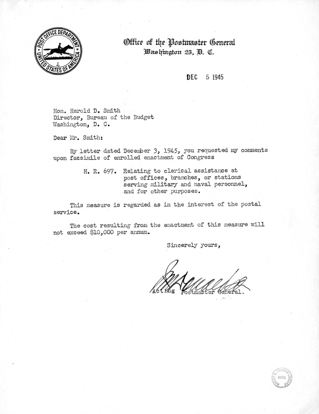 Memorandum from Frederick J. Bailey to M. C. Latta, H.R. 697, Relating to Clerical Assistance at Post Offices, Branches, or Stations Serving Military and Naval Personnel, with Attachments