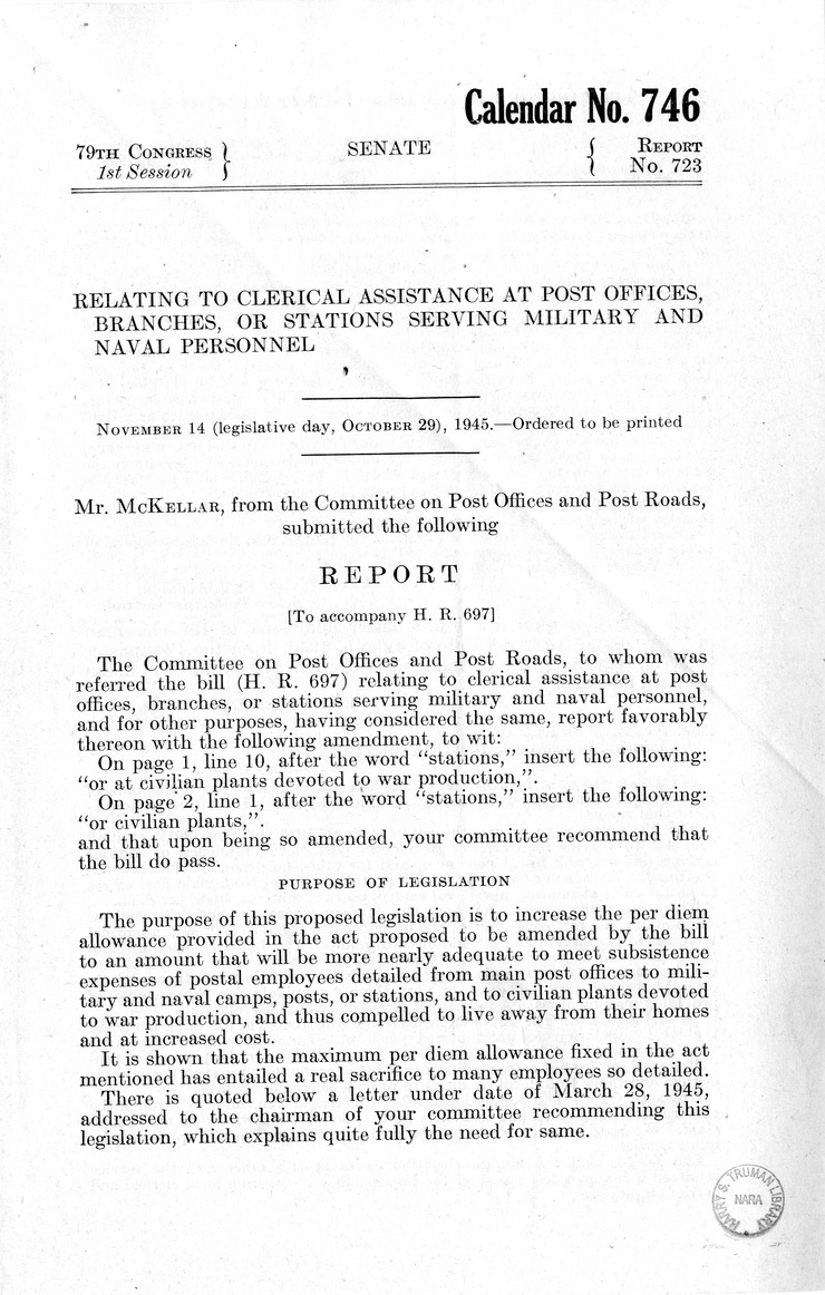 Memorandum from Frederick J. Bailey to M. C. Latta, H.R. 697, Relating to Clerical Assistance at Post Offices, Branches, or Stations Serving Military and Naval Personnel, with Attachments