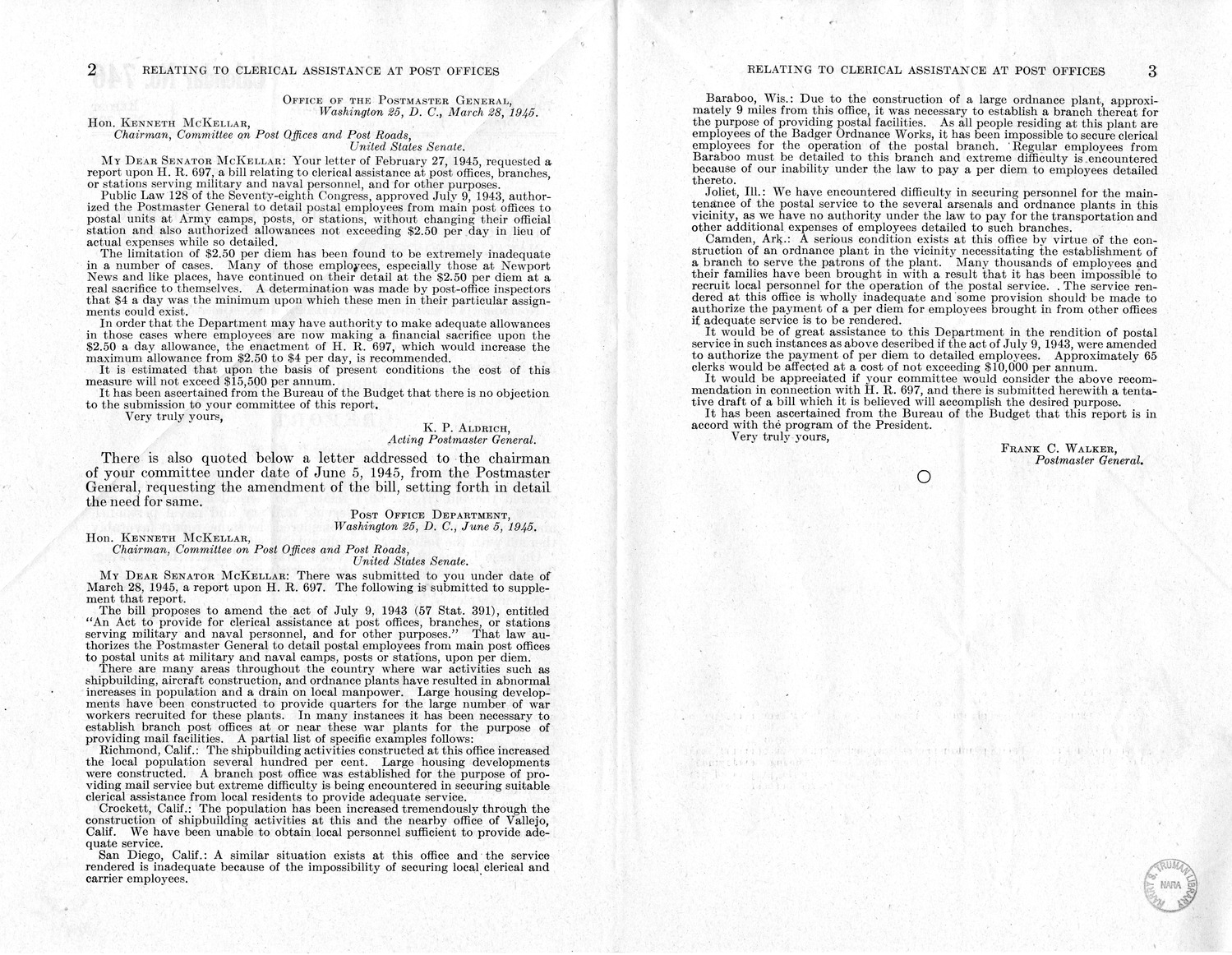 Memorandum from Frederick J. Bailey to M. C. Latta, H.R. 697, Relating to Clerical Assistance at Post Offices, Branches, or Stations Serving Military and Naval Personnel, with Attachments