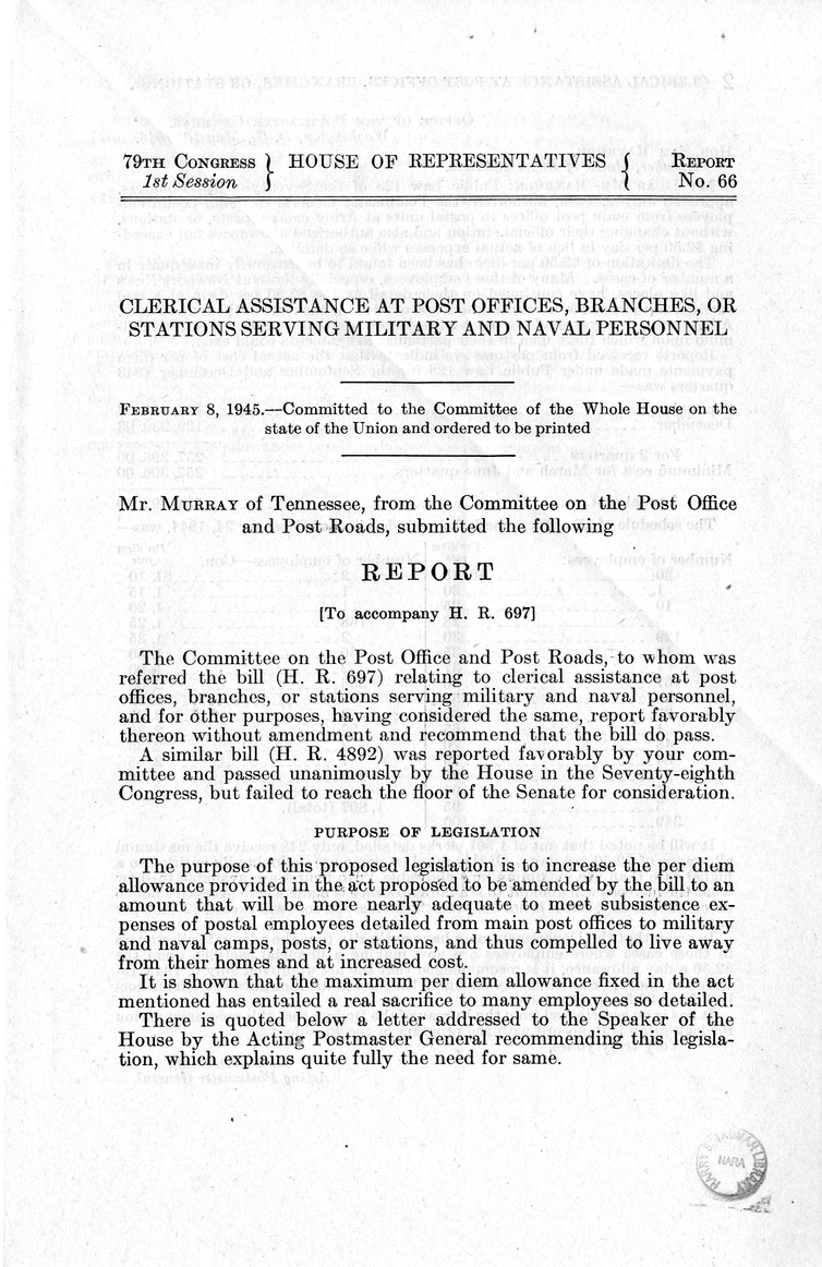 Memorandum from Frederick J. Bailey to M. C. Latta, H.R. 697, Relating to Clerical Assistance at Post Offices, Branches, or Stations Serving Military and Naval Personnel, with Attachments