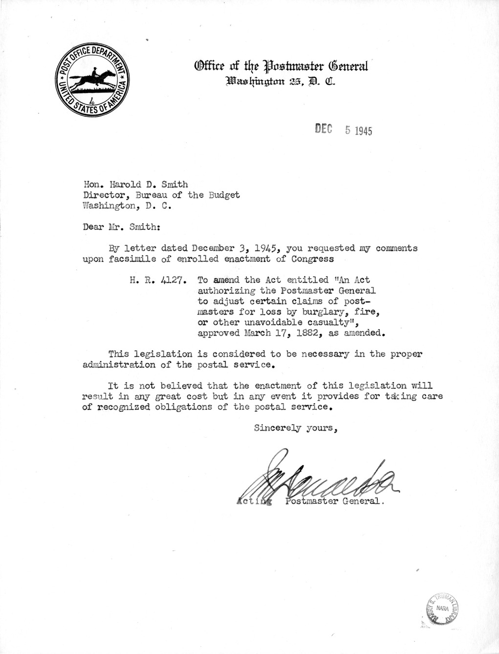 Memorandum from Paul H. Appleby to M. C. Latta, H.R. 4127, To Amend An Act Authorizing the Postmaster General to Adjust Certain Claims of Postmasters for Loss by Burglary, Fire, or Other Unavoidable Casualty, Approved March 17, 1882, with Attachments