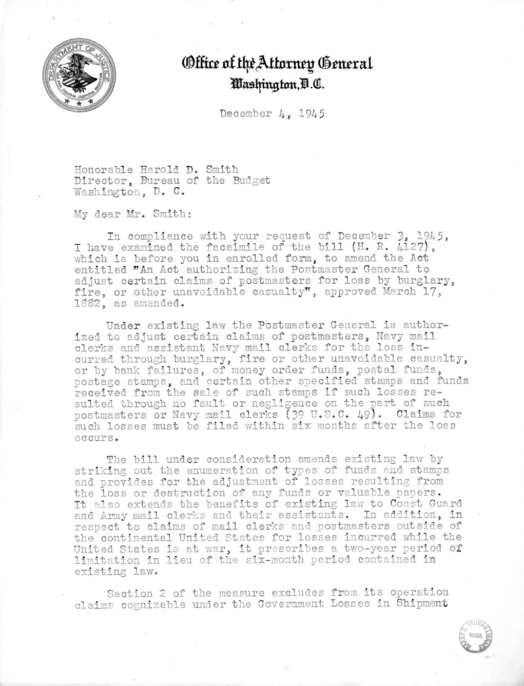 Memorandum from Paul H. Appleby to M. C. Latta, H.R. 4127, To Amend An Act Authorizing the Postmaster General to Adjust Certain Claims of Postmasters for Loss by Burglary, Fire, or Other Unavoidable Casualty, Approved March 17, 1882, with Attachments