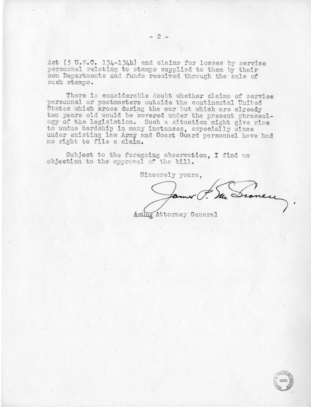 Memorandum from Paul H. Appleby to M. C. Latta, H.R. 4127, To Amend An Act Authorizing the Postmaster General to Adjust Certain Claims of Postmasters for Loss by Burglary, Fire, or Other Unavoidable Casualty, Approved March 17, 1882, with Attachments