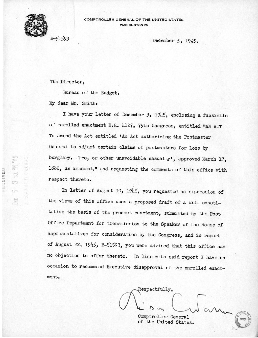 Memorandum from Paul H. Appleby to M. C. Latta, H.R. 4127, To Amend An Act Authorizing the Postmaster General to Adjust Certain Claims of Postmasters for Loss by Burglary, Fire, or Other Unavoidable Casualty, Approved March 17, 1882, with Attachments