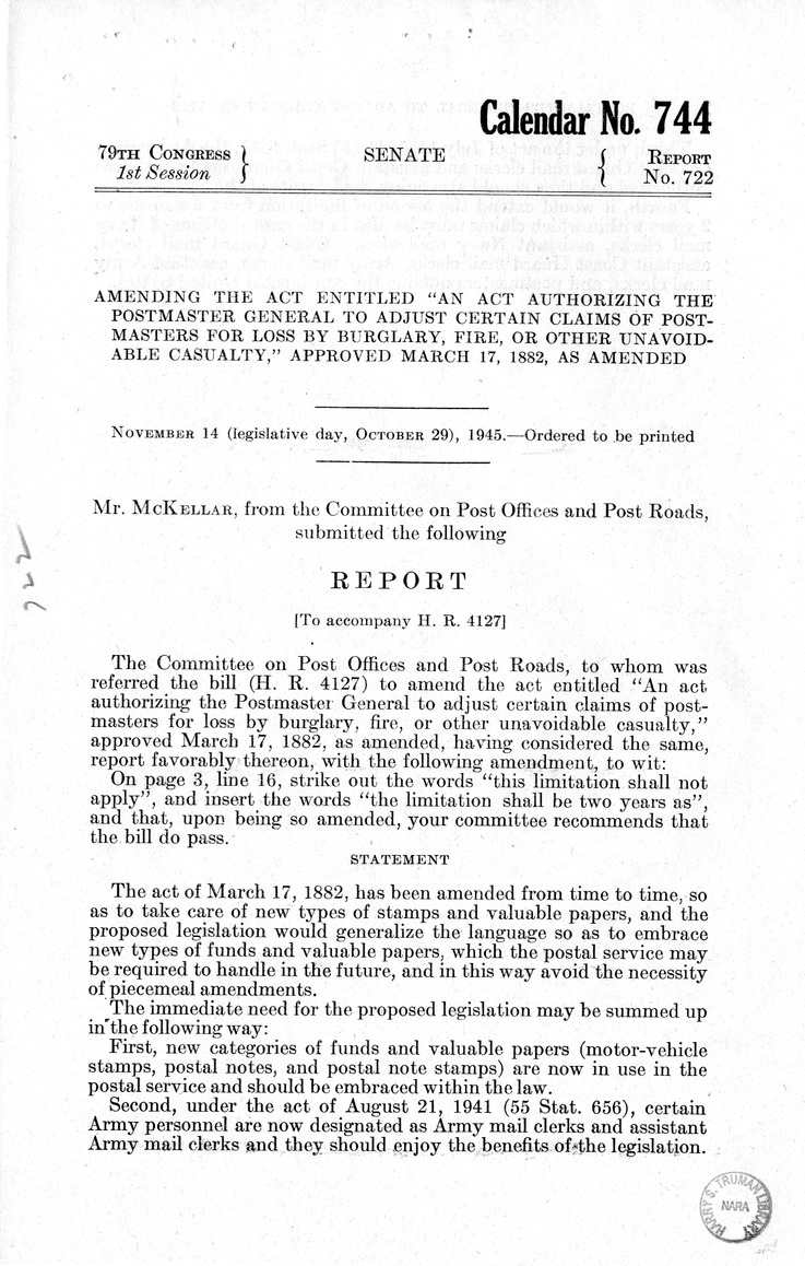 Memorandum from Paul H. Appleby to M. C. Latta, H.R. 4127, To Amend An Act Authorizing the Postmaster General to Adjust Certain Claims of Postmasters for Loss by Burglary, Fire, or Other Unavoidable Casualty, Approved March 17, 1882, with Attachments