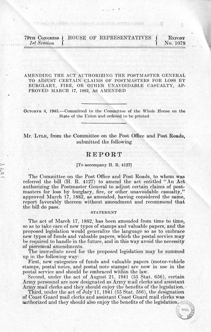 Memorandum from Paul H. Appleby to M. C. Latta, H.R. 4127, To Amend An Act Authorizing the Postmaster General to Adjust Certain Claims of Postmasters for Loss by Burglary, Fire, or Other Unavoidable Casualty, Approved March 17, 1882, with Attachments