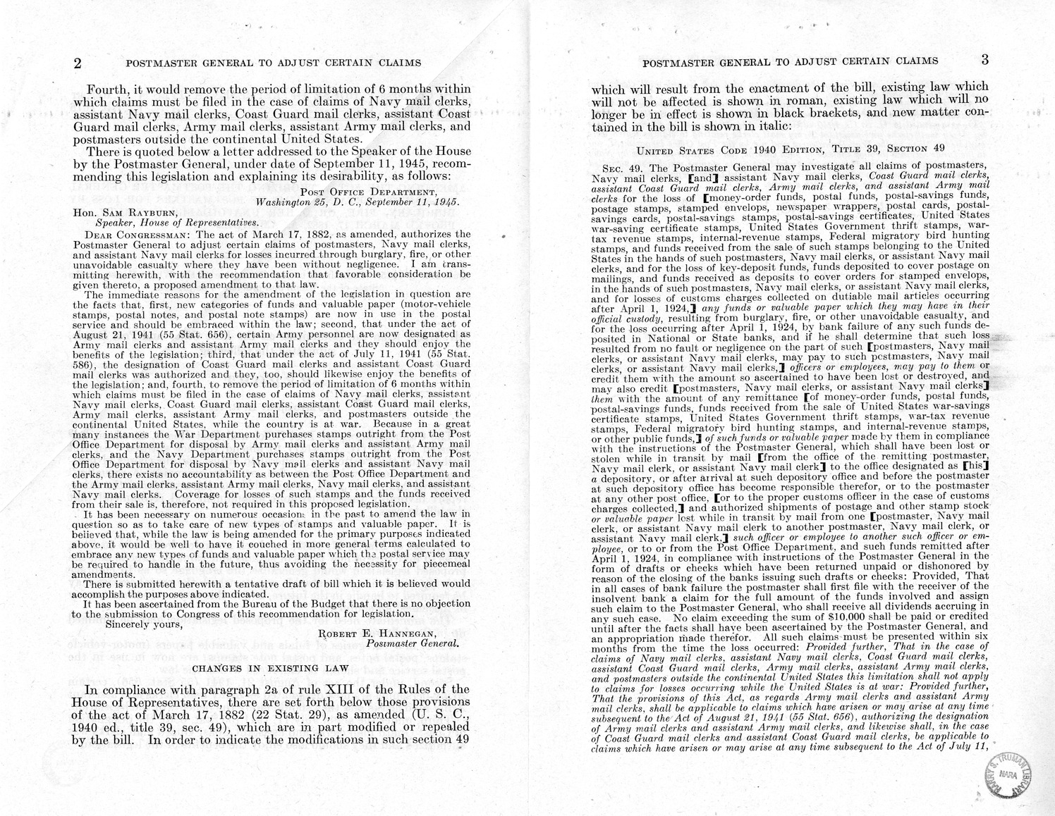 Memorandum from Paul H. Appleby to M. C. Latta, H.R. 4127, To Amend An Act Authorizing the Postmaster General to Adjust Certain Claims of Postmasters for Loss by Burglary, Fire, or Other Unavoidable Casualty, Approved March 17, 1882, with Attachments